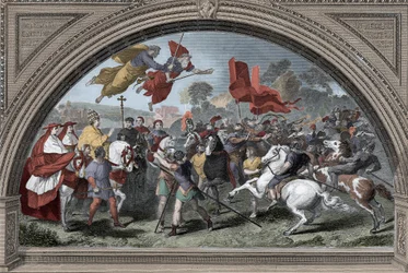 Representasjon av pave Leon I sa den store (390-461) mot lederen av hunnerne Attila (ca. 395-453) i 452 i Mantua - barbariske invasjoner - (pave Leo I det store møtet med hunerkongen Attila i 452) (etter Raphael)