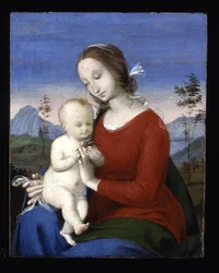 Madonna og barn med en fugl (olje på tre)