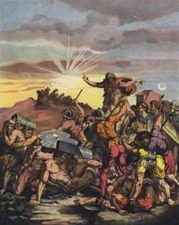 Josva befalte solen å stå stille i slaget ved Gibeon under israelittenes erobring av Kanaan (farge litho)