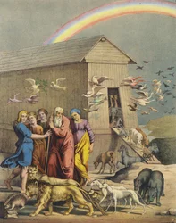Noah, familien hans og dyrene som kom ut av arken etter å ha overlevd flommen (farge litho)