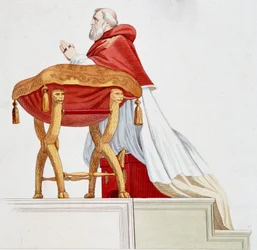 Portrett av pave Jules II i bønn. Gravering etter et maleri av Raphael (Raffaello Sanzio