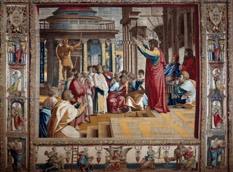 Apostelen Saint Paul forkynte i flysiden til Athen-teppet etter å ha malt på papp av Raffaello Sanzio dit Raphael (1483-1520), begynnelsen av 1500-tallet Sun.