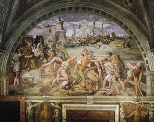 Fanlight, fresker av Raffaello Sanzio (1483-1520) og tilhengere, som viser slaget ved Ostia, Stanza dell'Incendio di Borgo (1514-1517), Rafael Rooms, Vatikanpalasset, Vatikanstaten.