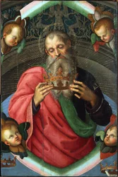Gud Faderen (fragment av Baronci-altertavlen) av Raphael (1483-1520). Tempera på panel, størrelse: 112x75