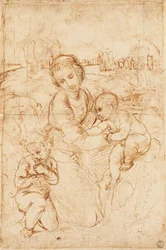 Madonna og barn med spedbarnet døperen Johannes, ca 1508, av Raphael (1483-1520), tegning