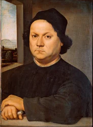 Portrett av maleren Pietro Perugino (ca. 1448-1523) sa Perugin-maleriet av Raphael (Raffaello Sanzio 1483 - 1520)