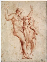 Psyche presenterer for Venus vannet i Styx. Tegning a la sanguine av Raffaello Sanzio dit Raphael (1483-1520)