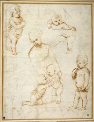 Studier for 'Madonna of the Meadow', ca. 1505 (penn og brunt blekk på papir)