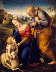 Den hellige familien har lammet. Maleri av Raffaello Sanzio dit Raphael (1483-1520)