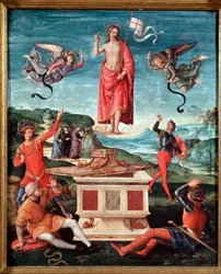 Oppstandelsen (Kristi oppstandelse). Jesus Kristus holder et stavkors, og i enden av det vaier et hvitt flagg med et rødt kors. 1501-1502. Mål 52x44 cm. São Paulo, Museu de Arte