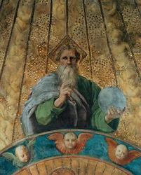 Tvist. Detalj: Gud Faderen. Fresco i Stanza della Segnatura, ca 1510-1511.