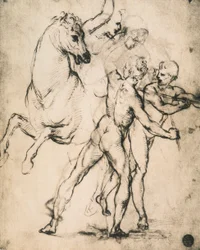 Mannlige nakenbilder med en hest; tegning av Raphael. Gallerie dellAccademia, Venezia