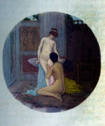 Kvinnetoalett i den greske antikken. Illustrasjon hentet fra "Aphrodite"" av Pierre Louys, av Raphael Colin
