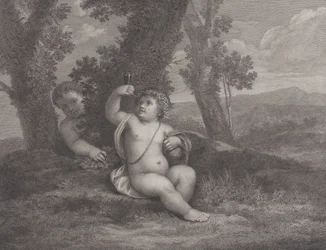 Spedbarnet Bacchus satt under et tre, holdt opp et vinglass, med et annet spedbarn bak..., 1780