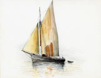 Båt (gabare) på Gironde-elvemunningen (gouache, kull og blyant på papir)