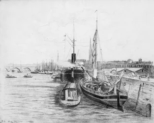 Båter i havnen i Bordeaux, ca. 1900 (blyant og kull på papir)