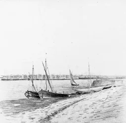 Båter i havnen i Bordeaux, ca. 1900 (blyant og kull på papir)