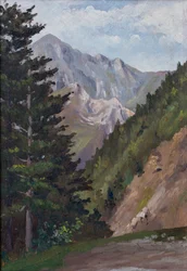 Grantre og fjell, Pyreneene (olje på tre)