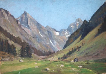 Fjelllandskap i Pyreneene (olje på tre)