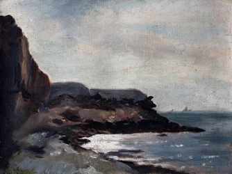 Sjøside med klippe (olje på lerret)