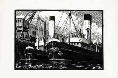 skip lagt til kai i havnen i Bordeaux (linosnitt)