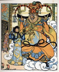 Aladdin, prinsesse Badroulboudour og ånden foran kroppen til den afrikanske magikeren: illustrasjon til eventyret «Aladin eller den fantastiske lampen» i «Tusen og én natt»