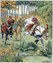Parizade forbikjører brødrene sine, Bahman og Pervis, i hesteveddeløpet. Illustrasjon av Raymond de La Neziere (1865–1953) til eventyret «Historien om de to søstrene som er sjalu på sin yngre søster» i «Tusen og én natt» (Tusen og én natt)