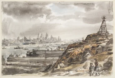New York fra Weehawken (akvarell over grafitt på papir)