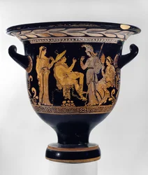 Apuliansk klokkekrater med røde figurer dekorert med en scene av dommen i Paris, ca. 375-350 f.Kr. (keramikk)