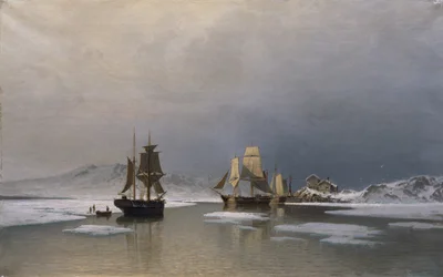Seilskuter på frossen fjord (olje på lerret)