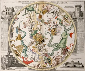 Del av et stjernekart over den sørlige halvkule fra Reiner Ottens#39; Atlas Maior (1730), med Greenwich-observatoriet (venstre) og Rundetårn-observatoriet i København (høyre)