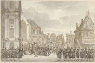 Ankomst av prins William V og Frederica Sophia Wilhelmina av Preussen til rådhuset på Dam-plassen i Amsterdam, 30. mai 1768
