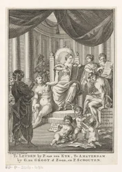 Allegorisk representasjon med historie, sannhet, eldgammel kunnskap og klokskap Tyrkernes samtidshistorie (tittel på objekt) Tittelside for: S.n., Hedendagche historie eller Fortsettelsen av den generelle historie, 1767