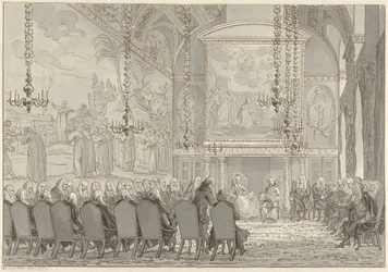 Mottakelse av prins William V og Wilhelmina av Preussen i rådhuset i rådhuset i Amsterdam