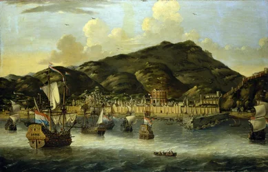 Nederlandske skip utenfor kysten av Tripoli (Libya), med havnens og byens befestede murer. Oljemaleri av Reinier Nooms (1623–1667).