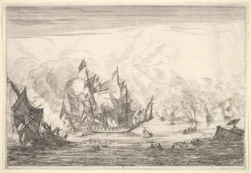 Sjøslag med en engelsk skipsgrunnlegger til venstre, fra Naval Battles Nieuwe Sc..., 1652-54.