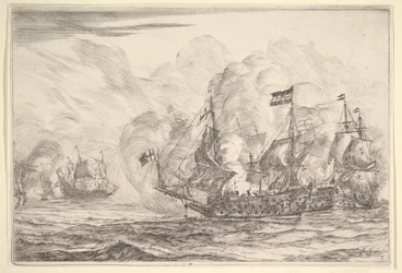 Sjømøte med tre fartøy til høyre, fra sjøslag Nieuwe Scheeps Bat..., 1652-54.