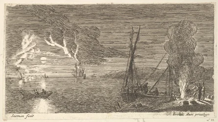 Nattscene med fisker som står ved en brann, 1600-tallet.