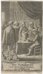 Kjøpmann ved skrivebord Tittelside for: J. van der Does e.a., Verscheyde voyagien, ofte reysen, 1652