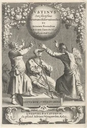 Minerva en twee geketende figurer Tittelside for: A. Thysius, Justinus med de mest utvalgte forskjellige observasjonene og en detaljert gjennomgang, 1650