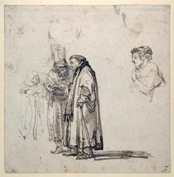 En gruppe eldre lærde og, hver for seg, en yngre manns profil (penn og blekk på papir) (recto of 2636120)