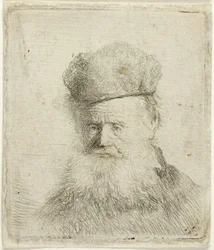 Byste av en gammel mann med en pelshatte og flytende skjegg, ca. 1631 (radering på papir)