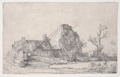 Hytte og gårdsbygninger med en mann som skisserer, ca. 1645 (etsing)