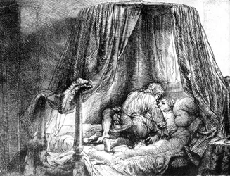 Par elsker i sengen, gravering av Rembrandt van Rijn (1606-1669) 1646