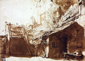 Gårdshus i lys og skygge - Rembrandt van Rhijn (1606-1669) - 1635-1636 - Penn, pensel, brun farge på papir - 16,2x22,5 cm - Szépművészeti Múzeum, Budapest