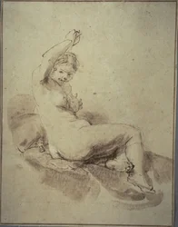 Kvinne naken tilbakelent med arm hevet, ca. 1665 (penn og brunt blekk og pensel og brun vask, på brunfarget papir)