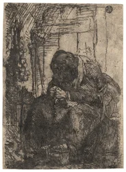 Gammel kvinne sittende i en hytte med en løkranke på veggen, ca. 1629 (etsing)