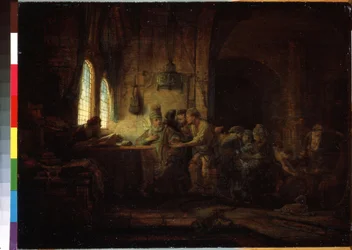 Lignelse om arbeiderne i vingården eller lignelse om arbeiderne i den ellevte time (lignelsen om arbeiderne i vingården). Maleri av Harmenszoon van Rijn kjent som Rembrandt (1606-1669)
