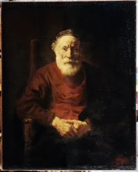Portrett av en gammel mann i rødt. Maleri av Harmenszoon van Rijn kjent som Rembrandt (1606-1669)