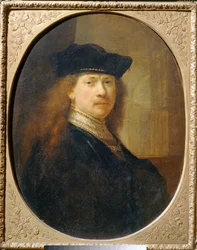 Rembrandt i hatt mot et bakteppe av arkitektur...